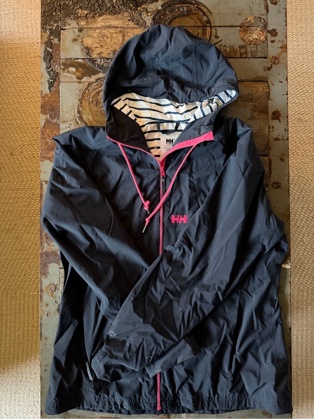 Women’s Helly Hansen Navy Jacket with Blue and White Stripe Liner & Neon Pink